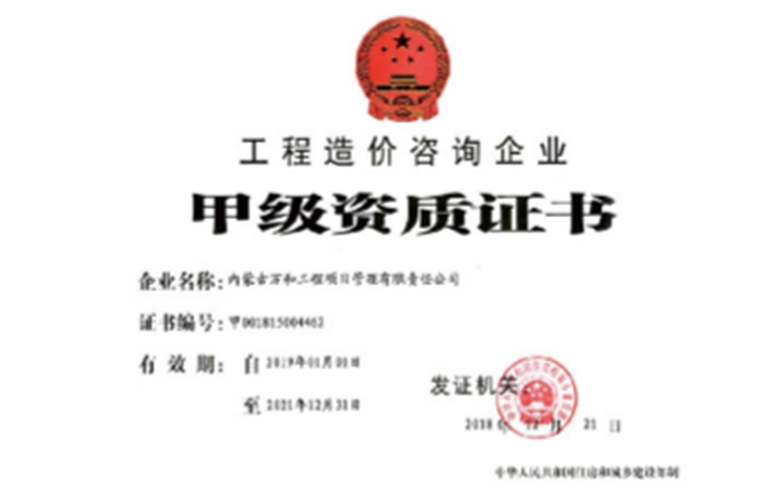 工程造價咨詢《甲級資質證書》